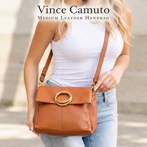 Vince Camuto Leather Crossbody Bag Medium Cognac Gold Hardware Shoulder Purse